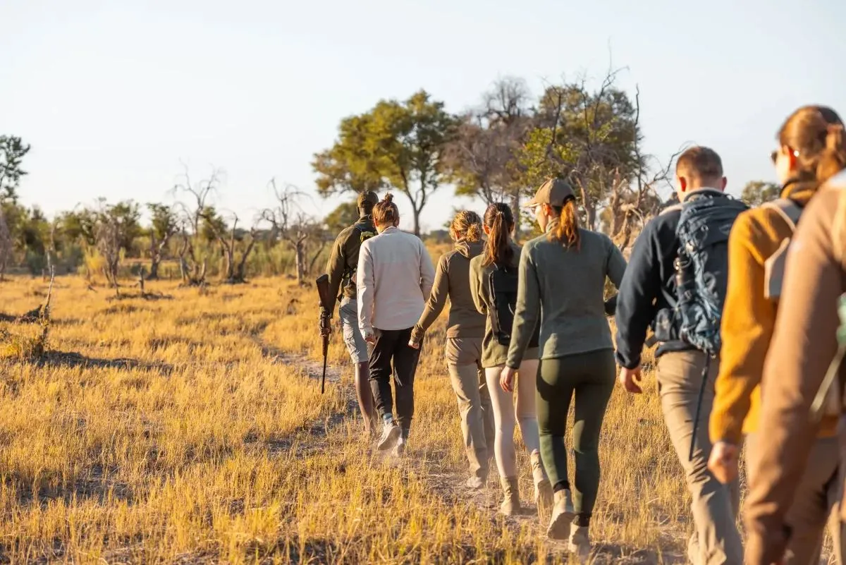 Gruppe läuft hinter dem Guide hintereinander durch das Grasland