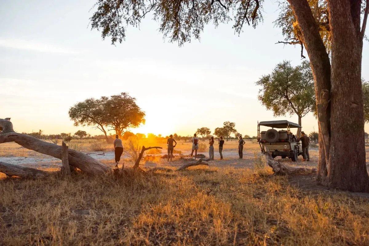 Gruppe steht bei Sonnenuntergang im Busch, daneben der offene Safari-Geländewagen